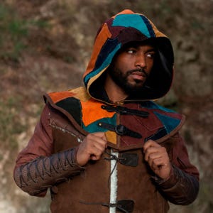 Handcrafted Patched Leather Peddler Hood, Medieval LARP Costume