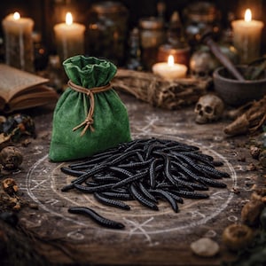 Può includere: Un sacchetto verde di velluto con un cordoncino di cuoio è appoggiato su un tavolo di legno. Un mucchio di oggetti neri a forma di verme è davanti al sacchetto. Candele accese e altri oggetti occulti sono sullo sfondo, creando un tema mistico.