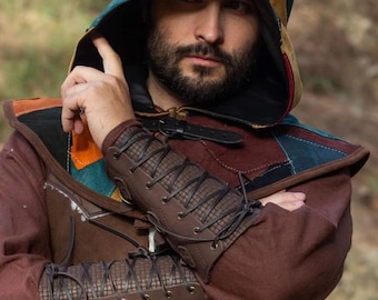 Handcrafted Patched Leather Peddler Hood, Medieval LARP Costume