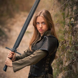May include: A woman in a woodland setting holds a black sword with a leather-bound handle. She is wearing a black leather vest with a quilted design and a brown tunic. The vest has a lace-up back and buckles on the front. The background is a blurred image of trees and foliage.