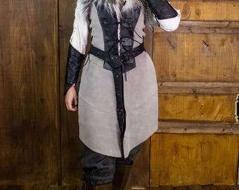 Medieval Leather Jerkin: Gray Suede & Black, Fur Trim, LARP Cosplay