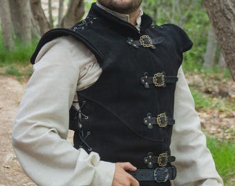 Diego Leather Jerkin Black – Spanish Golden Age Split Leather Vest | LARP, Reenactment & Renaissance Costume Piece
