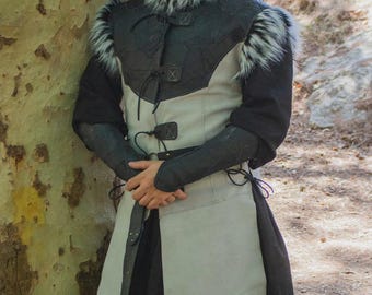 Owl Gray and black leather jerkin with fur and grunge leather for fantasy medieval LARP, cosplay, ren faire