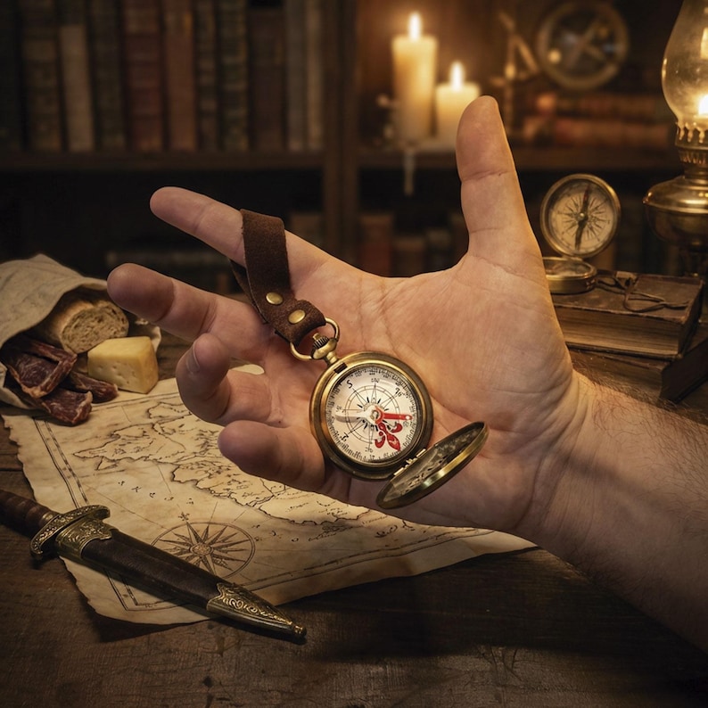 May include: A vintage brass compass with a leather strap is held open, revealing its face. The compass is set against a backdrop of a map, a knife, and a bag of food, evoking a sense of exploration and adventure. Candles and a lamp provide warm lighting.