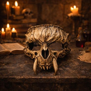 Puede incluir: Una máscara de calavera detallada y desgastada con grandes colmillos, colocada sobre una superficie de piedra. La máscara es de color beige con grietas oscuras, y está rodeada de velas encendidas y un libro abierto, creando un tema gótico o de fantasía.