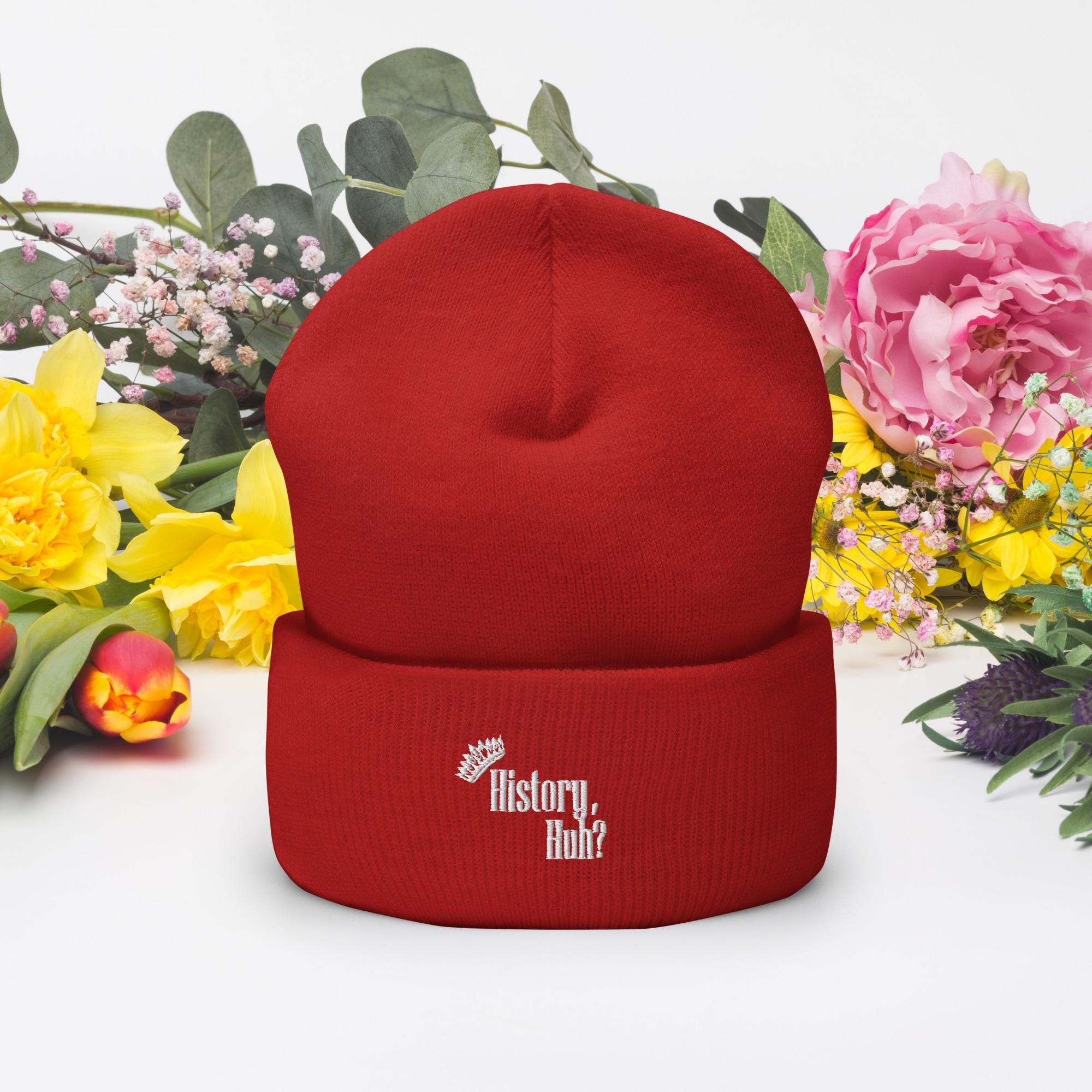 Embroidered Flower Cuffed Beanie | Unisex Knit Winter Hat - Etsy