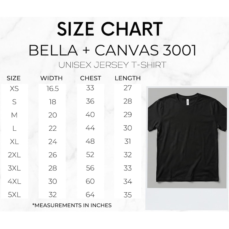 Peut inclure: T-shirt unisexe noir en jersey &agrave; c&ocirc;t&eacute; d'un tableau des tailles. Le tableau des tailles est pour les t-shirts Bella + Canvas 3001 et comprend des mesures en pouces pour la largeur, la poitrine et la longueur, allant de XS &agrave; 5XL.
