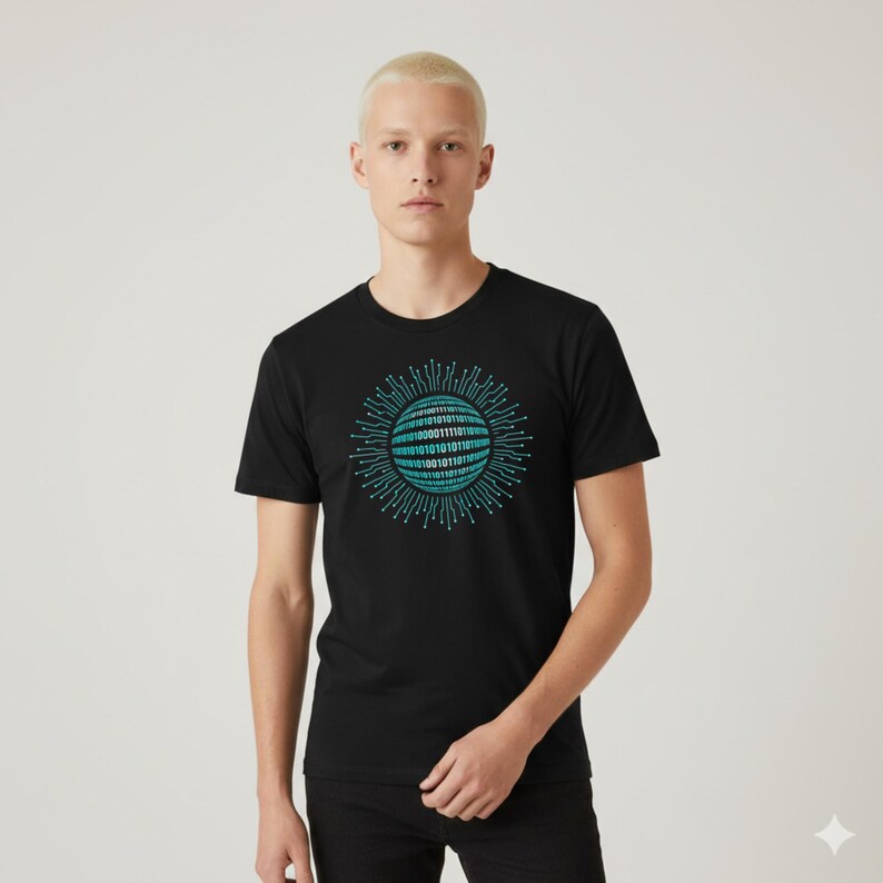 Peut inclure: T-shirt noir avec un motif de code binaire turquoise et blanc. Le motif est un cercle avec des lignes rayonnantes, ressemblant &agrave; un soleil num&eacute;rique. Le t-shirt est de style col rond classique.