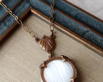 Necklace made with Antique Mother of Pearl Button, Snow Moon, Antique Brass Filigree, Timeless Trinkets