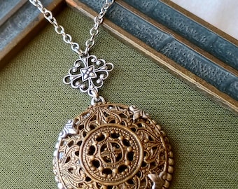 Necklace made with Large Antique Filigree Brass Button(c.1870-1920), Silver Ox, Stainless Steel Chain, Timeless Trinkets