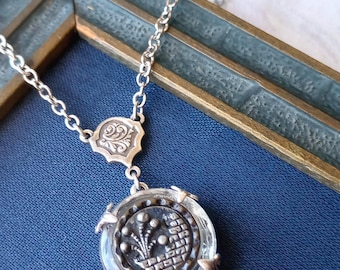 Antique Button Necklace, Garden Wall, Tree, Tinted Blue, Victorian Button, Faceted Clear Glass, Depression Glass Button, Antique Silver Ox