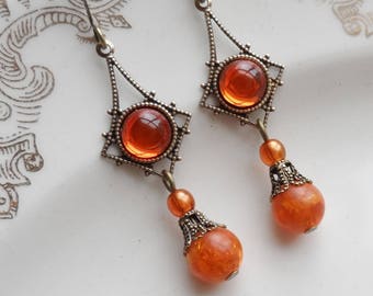 75% Off Clearance Sale, Vintage Glass Earrings, Japan, Boho, Burnt Orange, Tangerine, Salvaged Vintage Beads