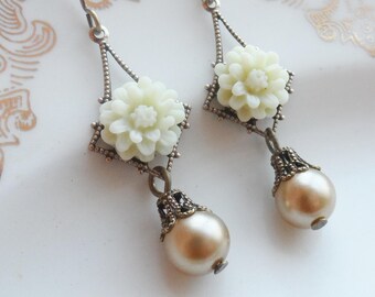 75% Off Price Sale, Ivory Mum, Flower Earrings, Vintage Faux Pearl Bead,Camel Brown, Beige, Tan, Khaki, Antique Brass Filigree