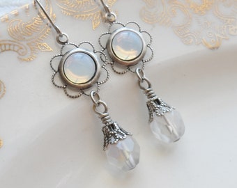 75% Off Clearance Sale, White Moon-glow, Iridescent, Vintage Glass Earrings