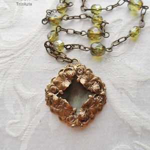 Water Lilies, Antique Mother of Pearl Button Necklace, Czech Glass Beads, Antique Brass Ox, Moss Green, Gray, Brown image 1