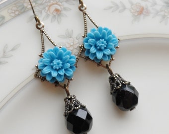 75% Off Price Sale, Turquoise Blue, Mum Flower, Brass Filigree, Czech Glass Bead