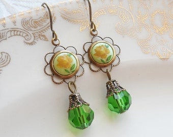 75% Off Clearance Sale, Yellow Rose, Vintage Japanese Cameo, Spring Green Czech Glass Bead, Antique Brass Ox