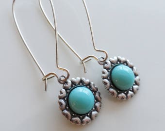50% Off Clearance Sale, Turquoise Vintage Glass Earrings, Antique Silver, Heart Design