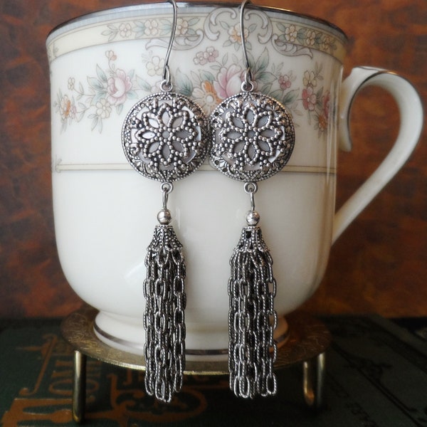 Earrings, Antique Mother of Pearl Button(c.1900-1920), Handmade Tassels, Ivory, Antique Silver Ox, Button Jewelry, Timeless Trinkets