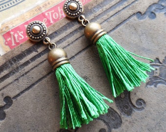 50% Off- Kelly Green Tassel Earrings, TierraCast Post, Antique Brass, Light Weight, One of a Kind, Timeless Trinkets