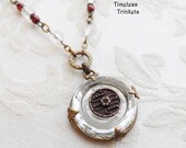 Antique Button Necklace, Glass and Victorian Buttons, Burgundy Wine Flower, Antique Brass Ox Finish, Vintage Glass, Czech Glass