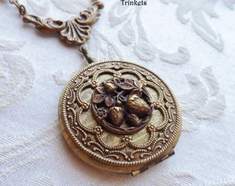 Strawberry Garden, Antique Button, Locket Necklace, Czech Glass Beads, Wine, Aubergine, Antique Brass, Timeless Trinkets,One of A Kind