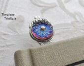 Bookmark. Vintage Czech Glass Cameo, Ornate Design, Royal Blue with Pink Undertones, Floral Design, Antique Silver Ox