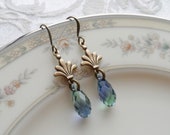 Clearance, Earrings with Swarovski Teardrop, Antique Brass Ox, Blue with Green and Hints of Lavender, Sparkle, Light Weight, Faceted