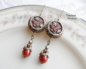 Antique Button Earrings,Flower, Burnt Orange, Brown, Silver Tone Trim,Victorian Era, Brass Ox Filigree, Freshwater Pearls, Czech Glass Beads