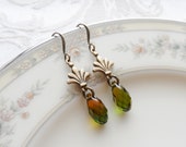 Clearance, Earrings with Swarovski Teardrop, Antique Brass Ox, Olive Green with Topaz, Sparkle, Light Weight, Faceted