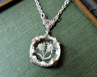 Necklace made with Vintage Glass Cameo, Edelweiss, Intaglio, Silver Ox