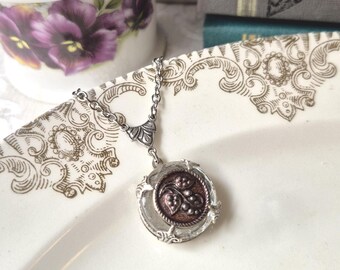 Antique Button Necklace, Grapes, Tree, Tinted Burgundy, Victorian Button, Faceted Clear Glass, Depression Glass Button, Antique Silver Ox