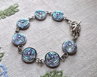 Bracelet made with Czech Art Glass, Iridescent, Blue, Peacock, Silver