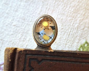 Bookmark. Vintage Glass Cameo, Beige and Blue Flowers with Yellow Centers, Silver Ox, Timeless Trinkets