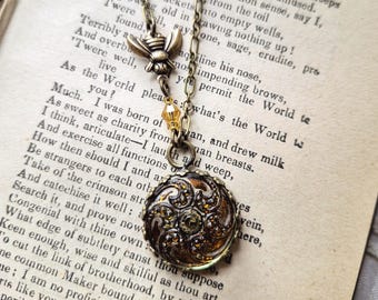 The Honey Hunter, Necklace made with Czech Glass Button, Flower, Bee, Honey Amber, Gray, Black, Gold, Paisley, Brass