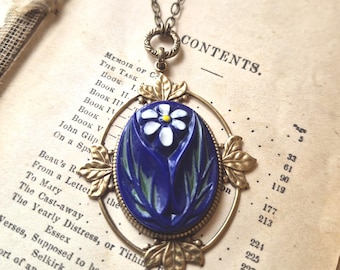 Necklace made using Vintage Glass Cameo, Art Nouveau, Royal Blue, White Flower with Greenery, Brass Ox Victorian Reproduction Setting