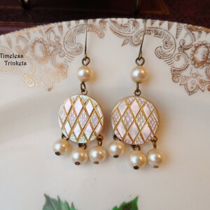 Earrings, Antique Carved Mother of Pearl Button, Iridescent, Geometric Pattern, Diamond Pattern, Gold Trim, Dangle, Cultured Pearls, Brass