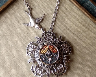 Necklace made with Antique Picture Button(1880-1910), Victorian Fashion, Sunset, Bird, Orange, Yellow, Sparrow, Silver Ox, Timeless Trinkets