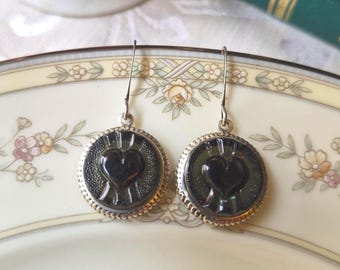 Earrings made with Antique Glass Buttons(c. early 1900's), Heart Design, Dark Teal Blue, Silver Ox,Timeless Trinkets