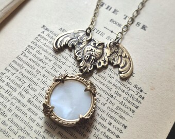Necklace made with Antique Mother of Pearl Button, White, Off-white, Shimmer, Owl Moon, Antique Brass Filigree, Timeless Trinkets