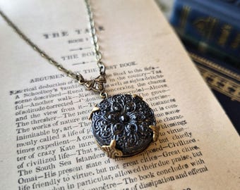 Necklace made with Antique Button, Ornate Lacy Floral Pattern, Black, Silver Wash, Antique Brass,Button Jewelry