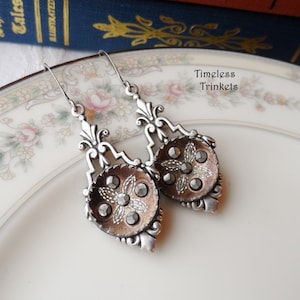 Earrings made with Antique Buttons(c.1860-1915) Brown, Tinted, Etched Design, Flower Design, Faux Steel Cut Jewels, Silver Ox Finish