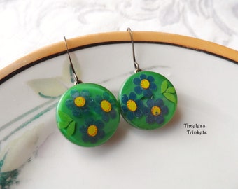 Vintage Glass Button Earrings, Decal Design, Forget Me Not, Blue, Green, Yellow, Glass, Antique Brass Filigree, Timeless Trinkets