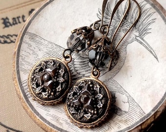 Earrings made with Antique Buttons(c.1865-1904),Steel Cut Gems, Botanical Motif, Swarovski Crystal, Brass, Timeless Trinkets, Button Jewelry