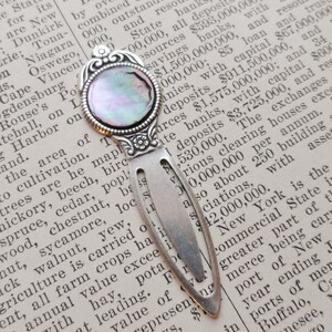 Bookmark, Antique/Vintage Mother of Pearl Button Blank, Dark Gray with Rainbow Sheen, Antique Silver, Ornate