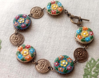 Bracelet made with Vintage Glass Buttons(c.1930-1960), One of a Kind, Hand Painted Flowers, Orange, Blue, Beige, Yellow, Red, Green