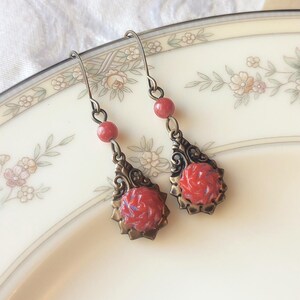 Earrings made with Vintage Glass Buttons, Red, Geometric Flower, Red Mountain Jade Beads,  Antique Brass, Baby Doll Buttons, Dangle, Petite