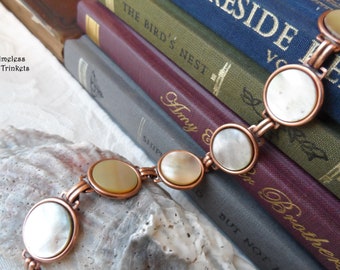 Bracelet made with Antique Mother of Pearl Disc, Ivory, Beige with Opalescent Sheen, Copper Ox, Timeless Trinkets, Button Jewelry