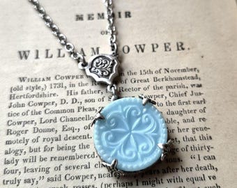 Necklace made with Vintage Glass Button(c.1935-1960), Geometric Design, Ornate, Flowers, Tulips, Light Blue, Silver Tone