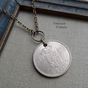 Vintage Coin Necklace, 1989, 1 Krone, Denmark, Reversible, Antique Brass Chain, Timeless Trinkets,